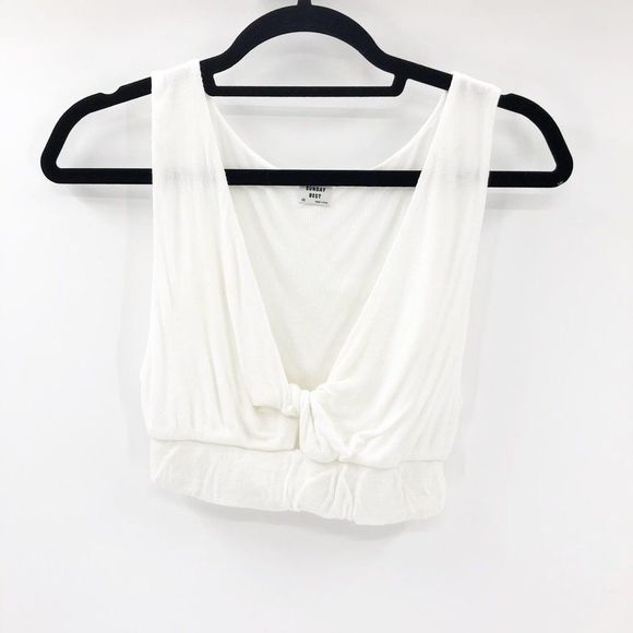 Sunday Best Tops - Sunday Best Women's White Ribbed Front Knot Cropped Tank Top Size XS
